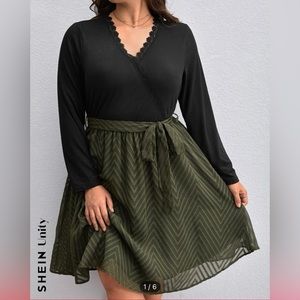 SHEIN Unity Guipure Black Lace Trim Belted Green Dress. NWT Size 12 Womens